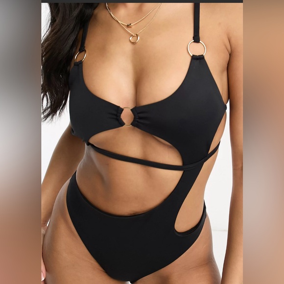 ASOS DESIGN BLACK ONE PIECE SWIMSUIT WOMEN SUPER CUT-AWAY STRAPPY SIZE 10 ** - Picture 2 of 13